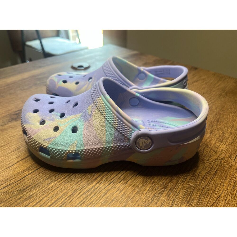 Crocs Classic Marbled Clogs Lavender Multi Pastel Youth J1 Kids Slip On